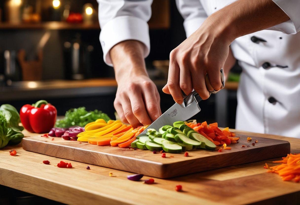 A master chef meticulously slicing vibrant vegetables with precision using a gleaming Victorinox knife on a rustic wooden cutting board. The background shows a high-end kitchen with rich textures and ambient lighting, highlighting the premium quality of the cutlery. super-realistic. vibrant colors. 3D.
