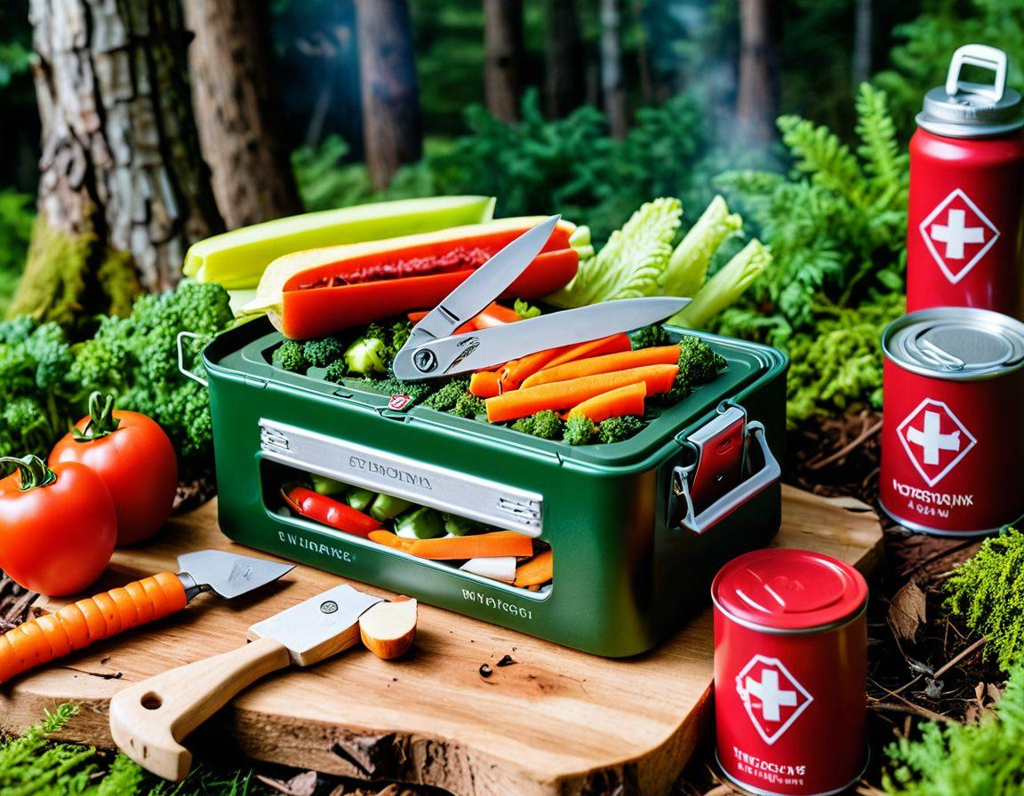 A camping scene featuring a Victorinox Swiss Army knife being used for various activities like cutting vegetables, opening a tin can, and carving wood. Surround these actions with lush green forest, a campfire, and a tent. Showcase the knife's versatility with crystal-clear details. super-realistic. vibrant colors. white background.