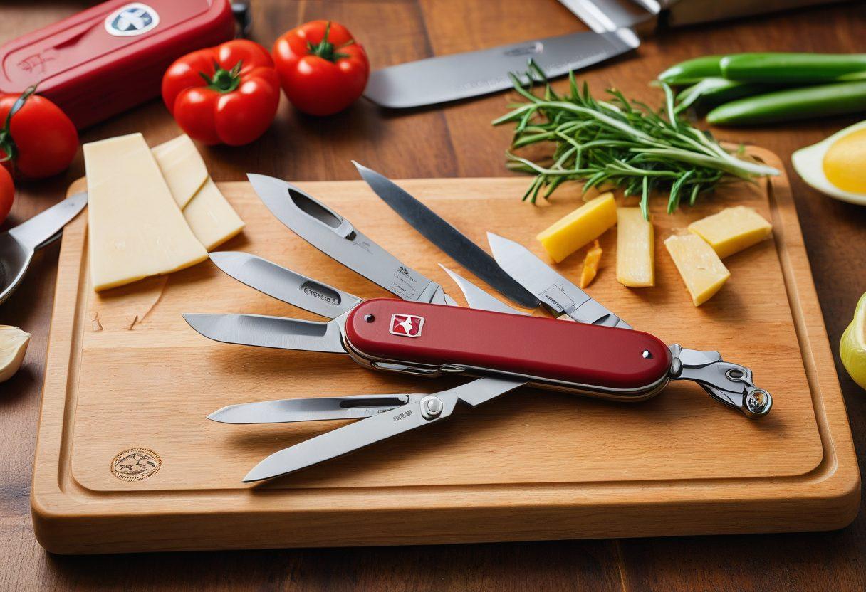 A detailed close-up showcasing a range of Victorinox knives, from the iconic Swiss Army knife to professional kitchen knives. Display the Swiss Army knife unfolded with its various tools, alongside a sleek chef's knife in a gourmet kitchen setting. Highlight the precision craftsmanship and versatility of the knives against a wooden cutting board background with fresh ingredients. super-realistic. vibrant colors.